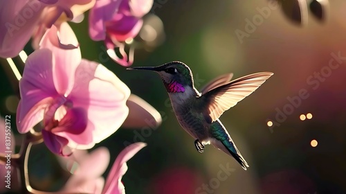 a hummingbird with a long black beak and black head hovers over a cluster of pink and purple flowers, including a single pink petal, while its brown wing is visible in photo