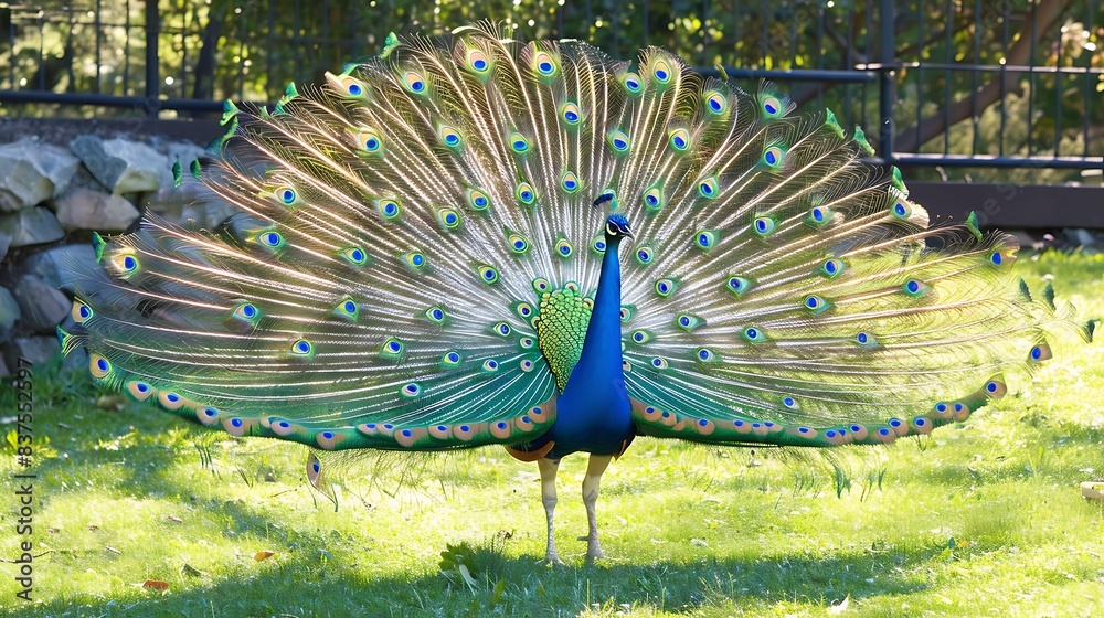 Obraz premium a peacock stands in a grassy area surrounded by a metal and black fence, with its long legs visible in the foreground and a green shadow cast behind it