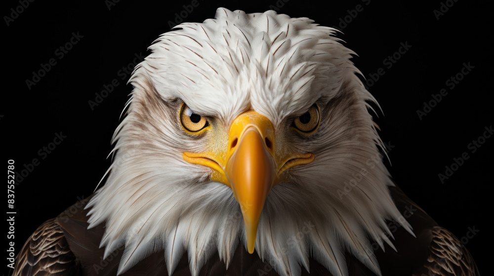 A close up of an eagle's face with its eyes open and its beak pointed forward A close up of an eagle's face with its eyes open and its beak pointed forward