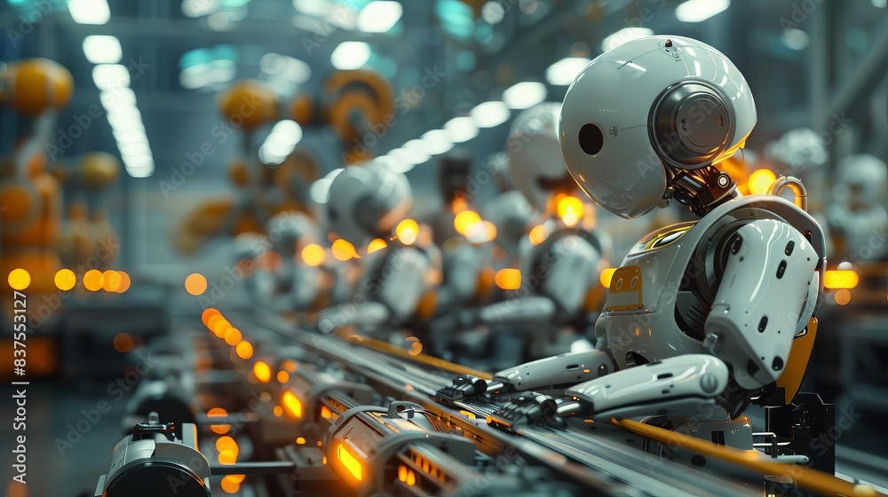 Fototapeta premium 5G-enabled smart factory with automated robots assembling products