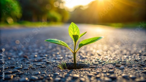 Fresh plant sprout emerging from asphalt road , nature, growth, resilience, urban, asphalt, green, sprout, life, vegetation, city, environment, survival, breaking through, hope, perseverance photo