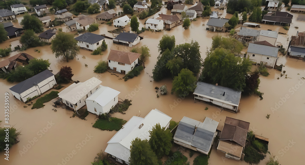 Fototapeta premium Drone Aerial View of houses flooded with flood water caused by Climate Change, Town, City destroyed 