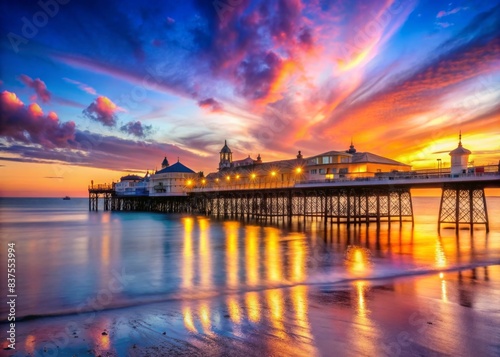Brighton Pier at sunset with colorful sky and illuminated attractions  Brighton Pier  UK  sunset  evening  sea  ocean  amusement park  rides  lights  skyline  structure  iconic
