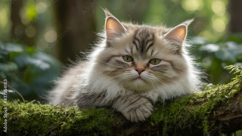 A cat napping peacefully on a bed of green moss in a natural. A cat napping peacefully on a bed of green moss in a natural.