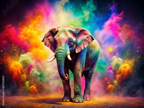 Elephant covered in holi colors against bright background with multicolored explosions  holi festival  colorful  celebration  tradition  India  festive  vibrant  fun  large animal  playful