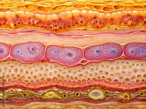 Extreme close-up of skin layers (epidermis, dermis, and fat layer) , human anatomy, medical, dermatology, skin cells, tissue, layers, close-up, macro, skin texture, beauty, healthcare