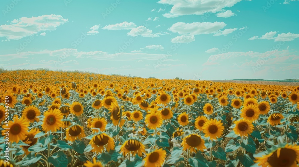 Obraz premium Close up image of vibrant sunflower field under blue sky. Fit for nature and travel related contents.