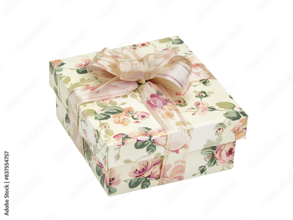 A beautifully wrapped gift box with a floral pattern and a delicate ribbon bow, perfect for special occasions and celebrations. A beautifully wrapped gift box with a floral pattern and a delicate ribbon bow, perfect for special occasions and celebrations.