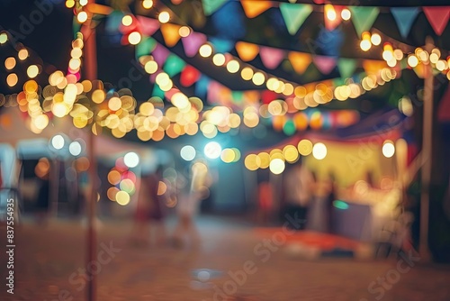 Festive outdoor event with colorful lights and bunting, creating a vibrant and joyful atmosphere at night. photo
