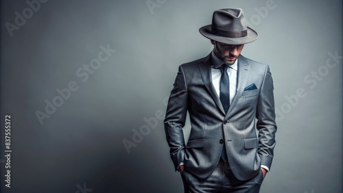 Faceless man in stylish suit and hat against gray background, hands in pockets, Black and white, digital , faceless, man, suit, hat, hands in pockets, stylish, gray background, fashion