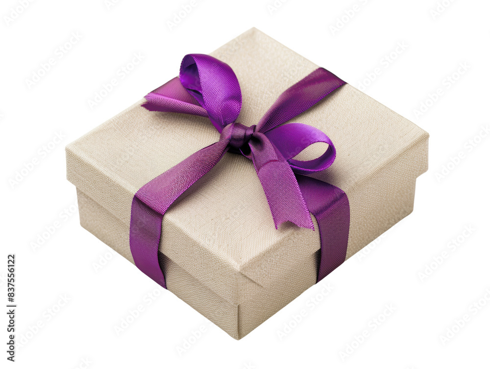 Obraz premium Elegant beige gift box with purple ribbon. Perfect for celebrations, holidays, and special occasions. Symbol of surprise and joy.