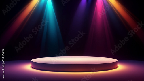 Stage with Colorful Light Beams Radiating in Background