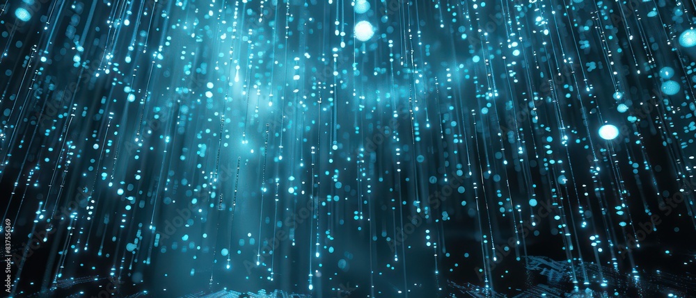 Obraz premium Pastel blue rain lines text on a dark dotted backdrop, creating a serene, mysterious atmosphere