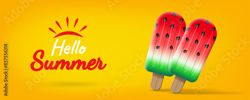 hello summer concept banner with watermelon ice cream sticks popsicles on yellow background vector illustration