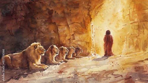 Daniel in the lions den, watercolor, pastel earth tones, biblical art