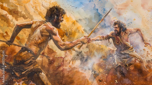 David defeating Goliath with a slingshot, watercolor, pastel earth tones, biblical art photo