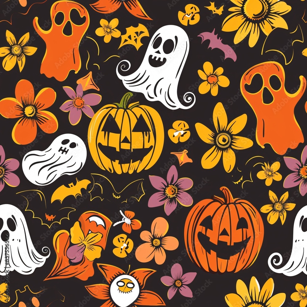 A seamless pattern of retro Halloween items including hippie pumpkins, bohemian bats, and flower power ghosts A seamless pattern of retro Halloween items including hippie pumpkins, bohemian bats, and flower power ghosts