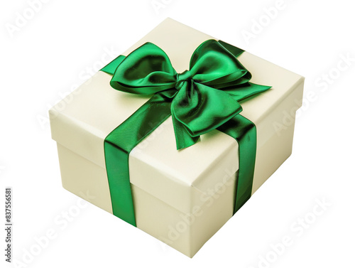 Elegant gift box with green ribbon, perfect for special occasions, birthdays, celebrations, weddings, and holidays. Isolated on white background.