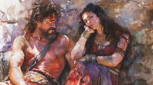 Samson and Delilah, watercolor, pastel earth tones, biblical illustration