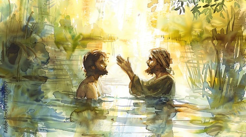 The baptism of Jesus by John the Baptist, watercolor, pastel earth tones, biblical illustration
