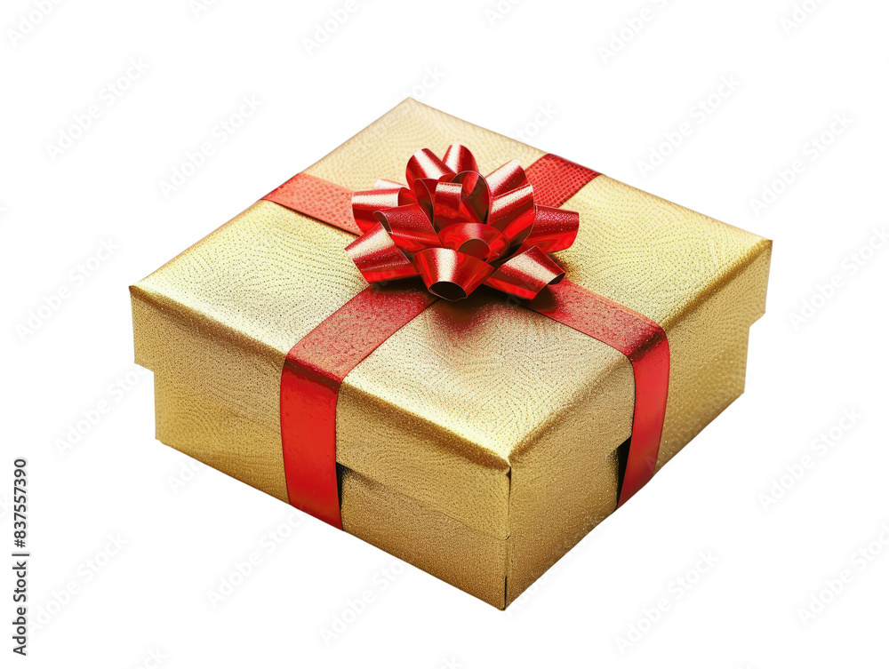 Obraz premium Elegant gold gift box with vibrant red ribbon, perfect for special occasions, celebrations, or holiday presents.
