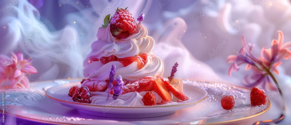 dessert modern cuisine, violet and pink palette, fruit and flowers, sitting on top of a white plate dessert modern cuisine, violet and pink palette, fruit and flowers, sitting on top of a white plate