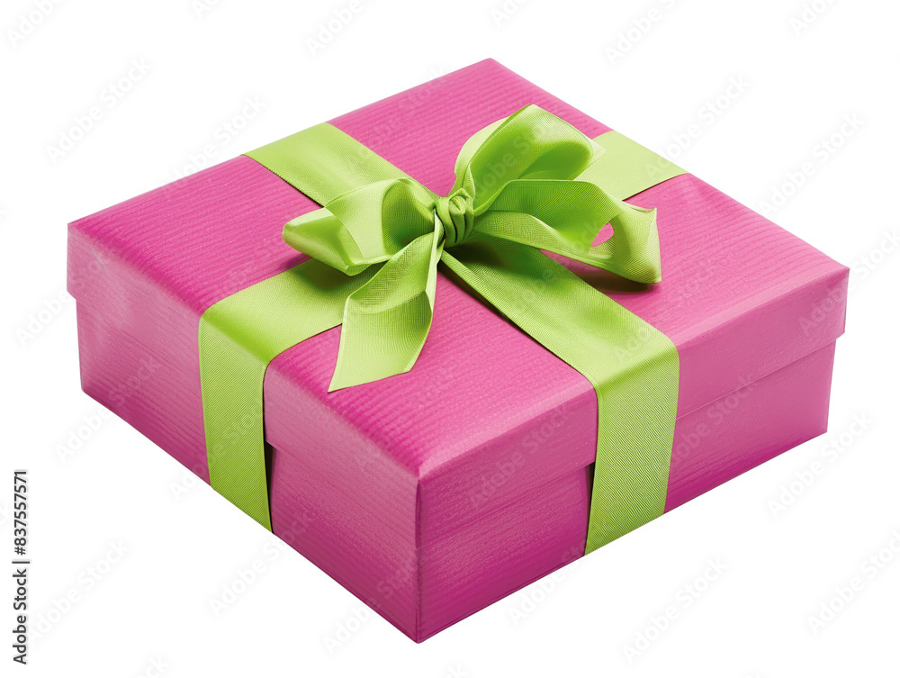Pink gift box with green ribbon bow isolated on white background. Perfect for celebration, birthday, anniversary, or festive occasions. Pink gift box with green ribbon bow isolated on white background. Perfect for celebration, birthday, anniversary, or festive occasions.