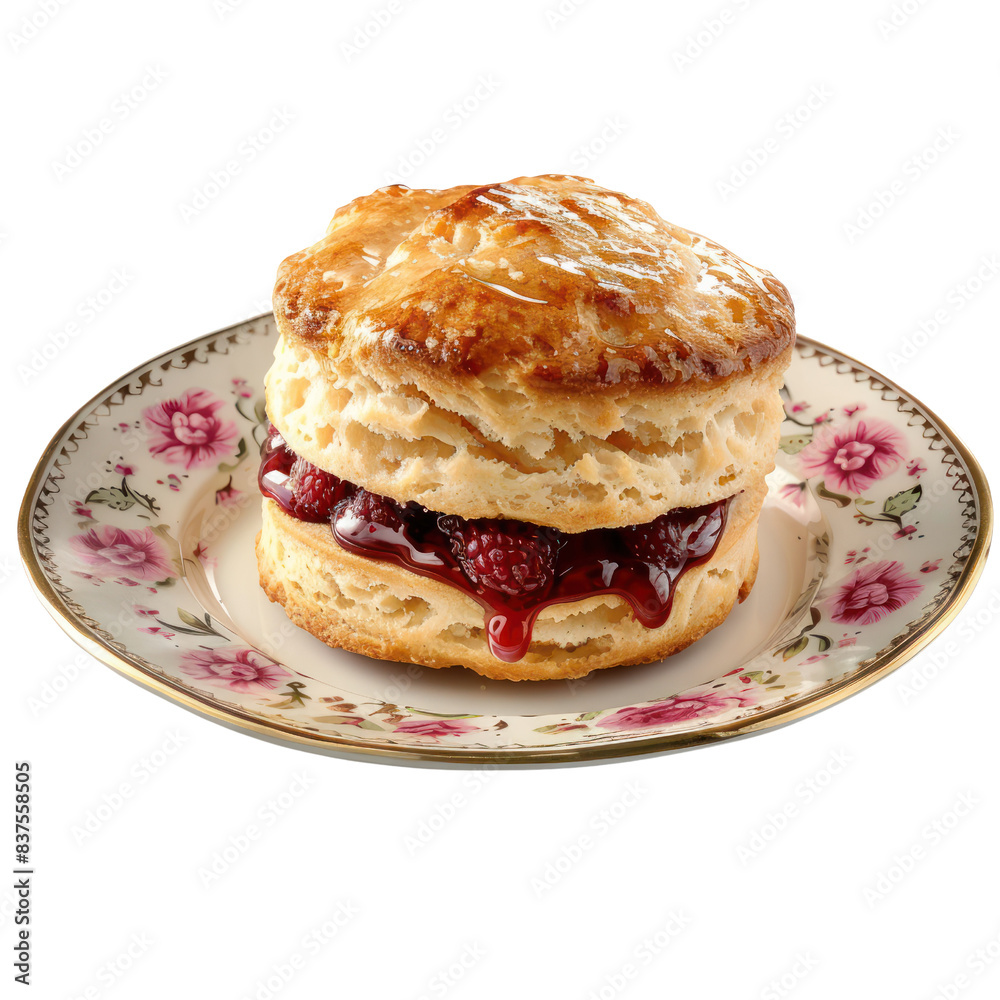 Delicious scone with strawberry jam and cream filling served on a floral china plate. Perfect for afternoon tea or dessert. transparent backgrounds Delicious scone with strawberry jam and cream filling served on a floral china plate. Perfect for afternoon tea or dessert. transparent backgrounds