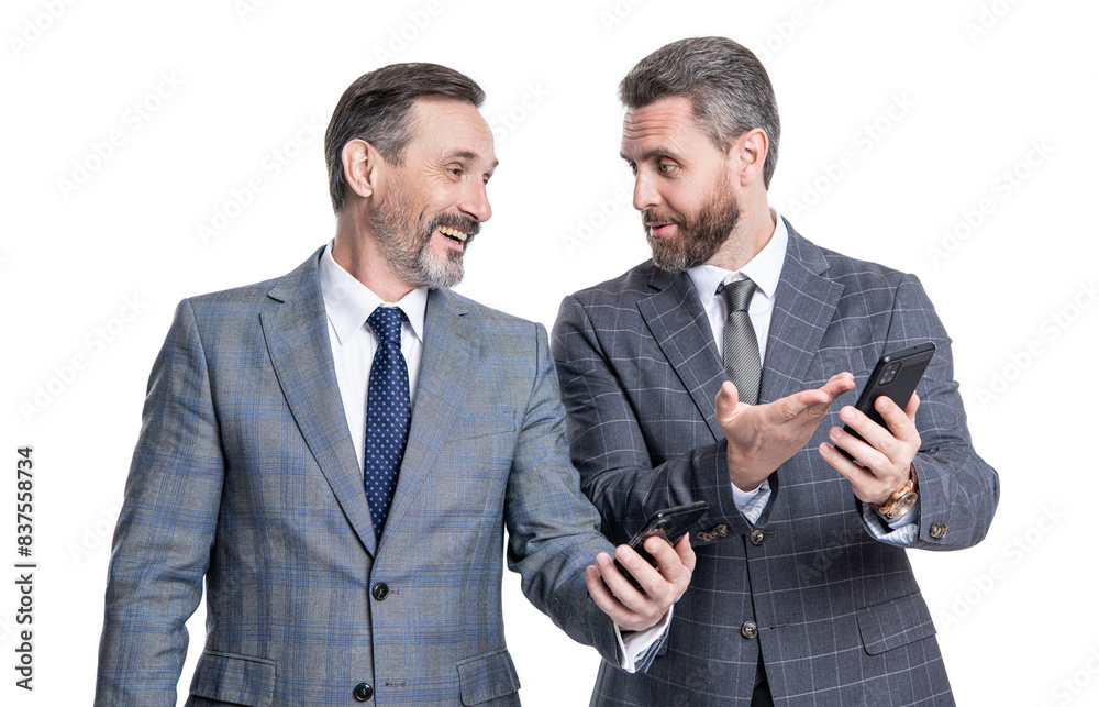 two messaging businessmen check email. businessmen reading message on phone isolated on white. business texting message. online business messaging. business men in suit use phone. Interest rate two messaging businessmen check email. businessmen reading message on phone isolated on white. business texting message. online business messaging. business men in suit use phone. Interest rate