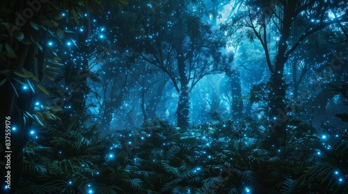 Dense forest with bioluminescent plants and animals emitting electric glows generated by AI © PZPIXEL.AI