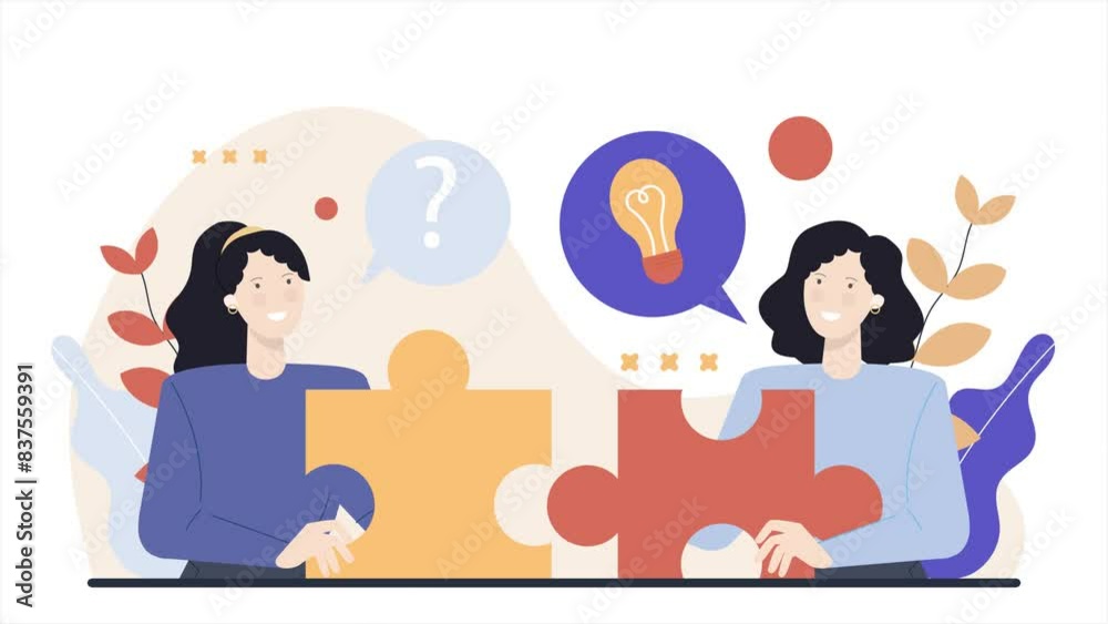 two women with puzzle illustration. problem solving concept. business animation video