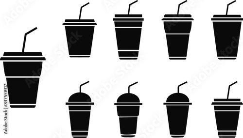 Set of black Disposable cup of coffee icons in fill styles. Plastic container for drink. Paper cup logos template. Takeaway concept. Cup of coffee icons collection isolated on transparent background.