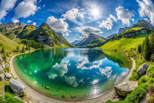 Spherical 360 degrees seamless panorama view of a lake in an alpine valley with green waters and a beautiful mountain panorama ahead, lake, alpine, valley,green waters, mountain, panorama