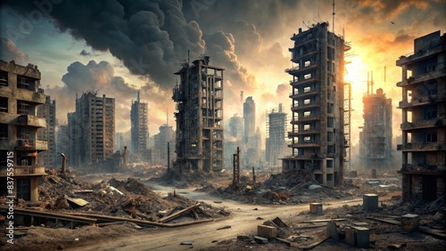 Ruins of a modern city destroyed by a nuclear blast, with blackened scorched buildings covered in ash and dust in a post-apocalyptic scene, Apocalypse, destruction, disaster, fallout photo