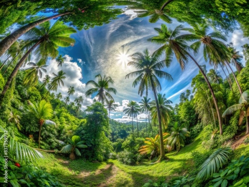 360-degree equirectangular panorama of a lush tropical paradise with vibrant rainforests teeming with exotic flora  Tropical  Paradise  Rainforest  Exotic  Flora  Equirectangular  Panorama