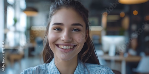 A smiling woman in a blue shirt.