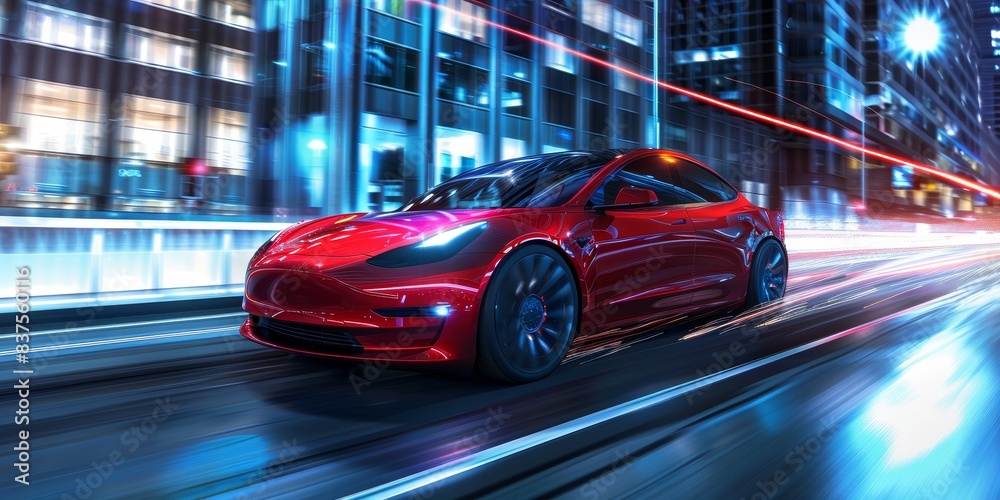 Fototapeta premium High-tech electric car speeding through a modern city with a trail of electric sparks generated by AI
