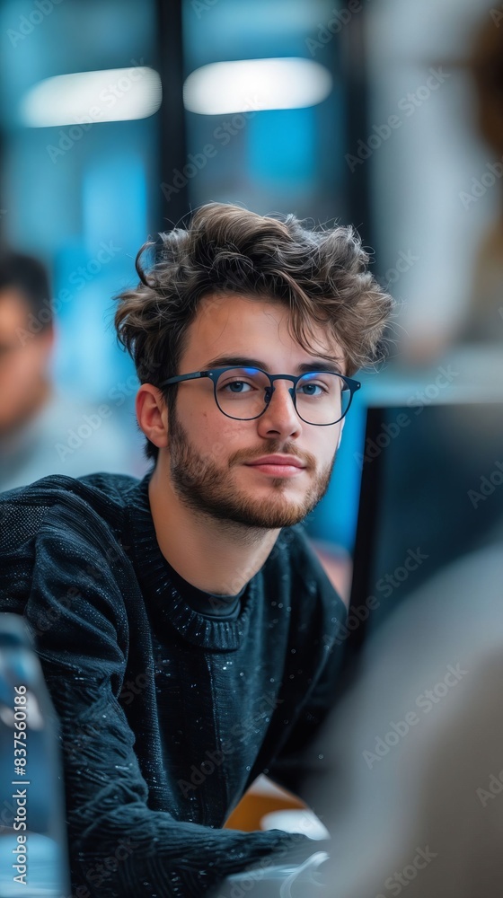 A man in glasses sitting at a computer. A man in glasses sitting at a computer.