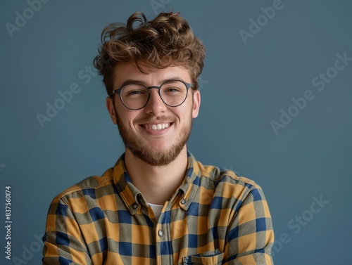 Young man with glasses and curly hair smiling.