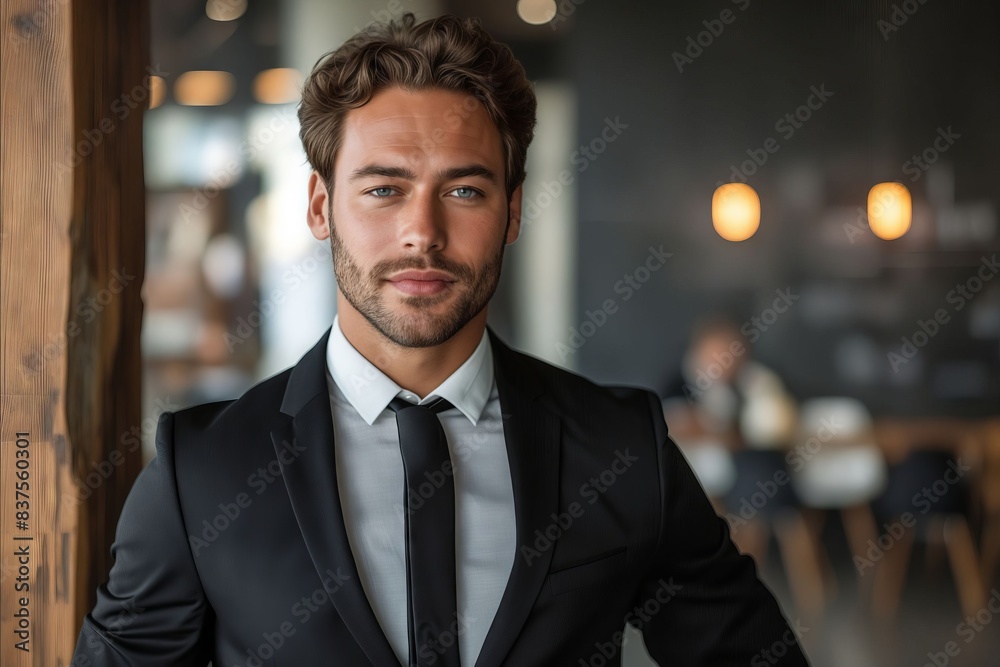 Fototapeta premium A man in a suit and tie standing in crowded room.
