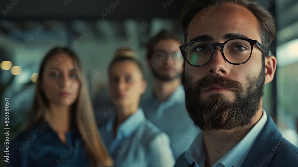 A man with glasses and a beard standing in front of a group of people. A man with glasses and a beard standing in front of a group of people.