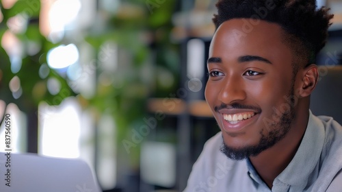 A smiling man is working on his laptop.