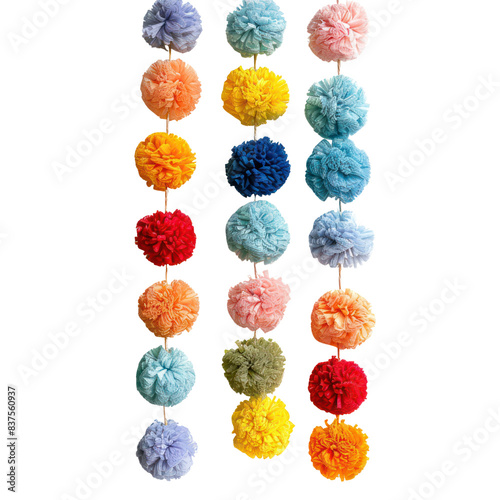 Colorful pom-pom garland hanging on a white background, featuring vibrant and bright colors for decoration and crafting. transparent backgrounds