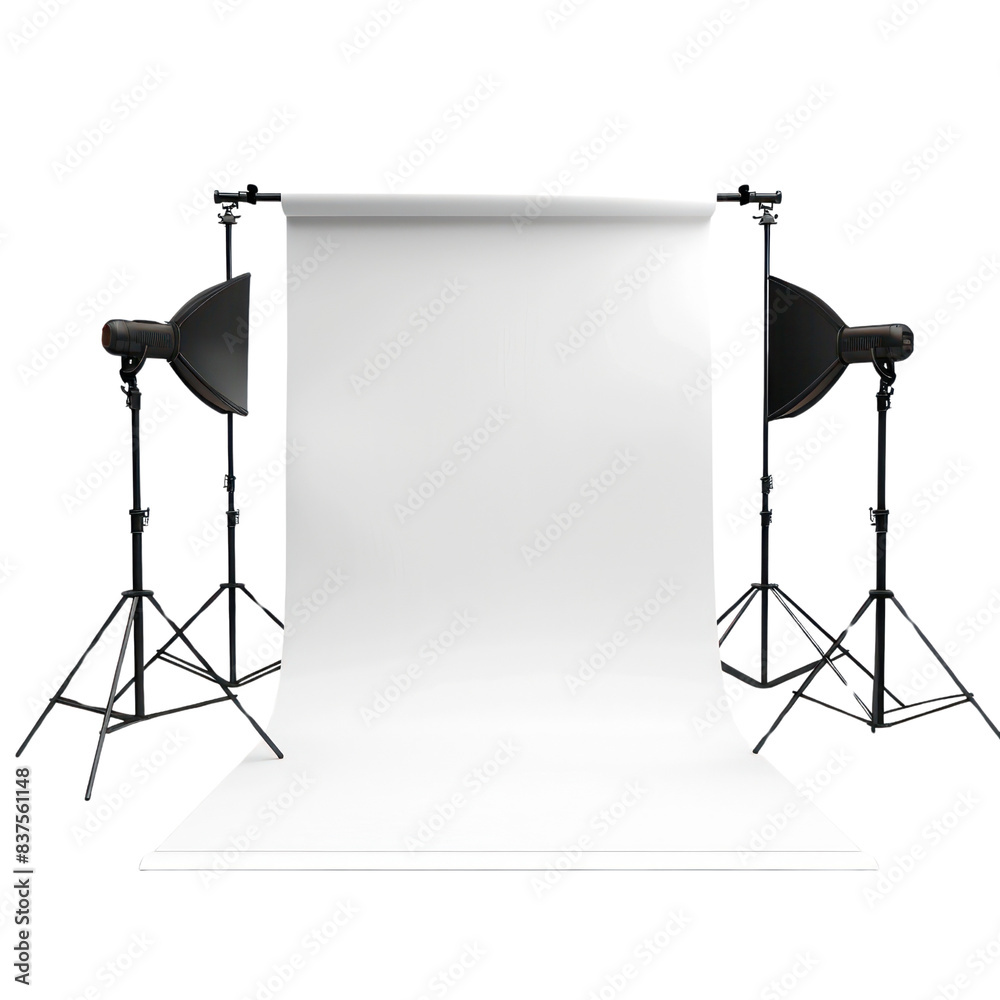 Photo Shoot Set Professional photo studio setup with white backdrop, lighting equipment ...