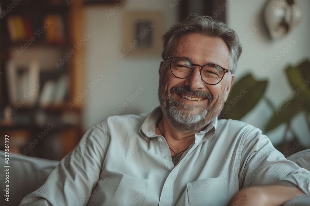 A smiling man with glasses sitting on a couch. A smiling man with glasses sitting on a couch.