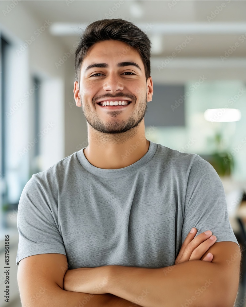 A smiling man with his arms crossed in an office. A smiling man with his arms crossed in an office.