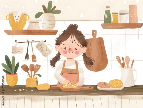 Minimalist Illustration of a Girl in a Cozy Kitchen Mixing Dough and Cutting Out Cookie Shapes, Simple and Cute Drawing