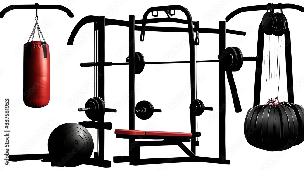 Fototapeta premium gym weights and training fitness equipment, athletic active workout body building, bumbbells, treadmill and boxing gloves, punch bag set icons isolated on transparent png cutout background.