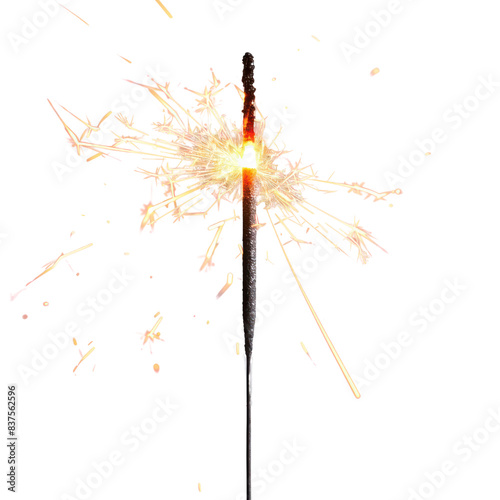 Close-up of a sparkling fireworks sparkler burning brightly against a plain background, perfect for celebrations and festive occasions. transparent backgrounds