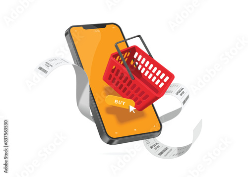 online shopping and online payment concept ,Buy button, red shopping basket, receipt paper, mobile phone floating in air, vector 3d isolated on white background for e commerce advertisement design photo